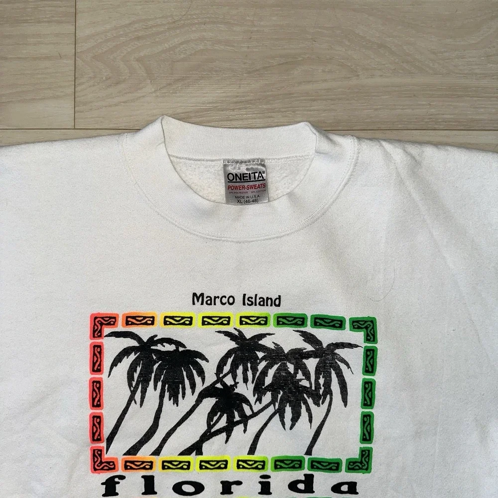 Vtg Marco Island Florida USA Crewneck‎ Sweater XL Graphic White Palm Tree Tropic